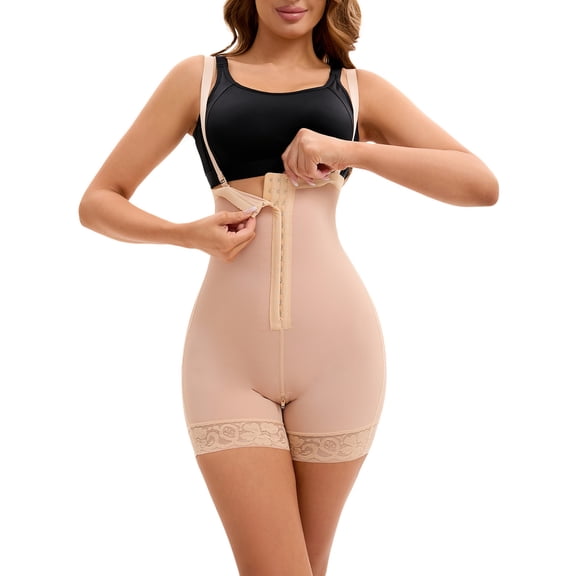 INSPIRE CHIC Women's Cami Convertible Straps Tummy Control Front Hook Closure Leotard Butt Lifter Thigh Slimmers L Beige