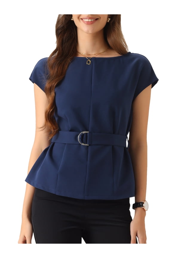Cap Sleeve Dressy Top for Women's Boat Neck Office Work Belted Peplum Tops XS Dark Blue
