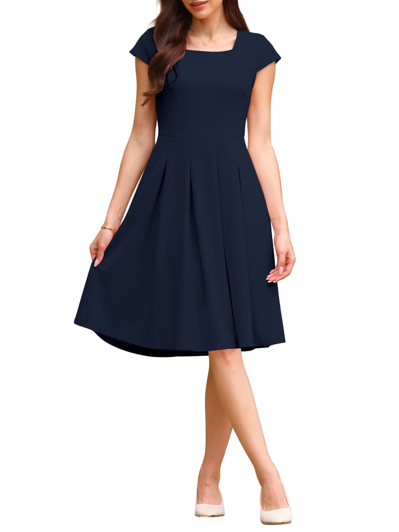 cap sleeve flare dress Inspire Chic Women's Cap Sleeve Flare Dress Square Neck Business Work A Line Pleated Dresses S Navy Blue