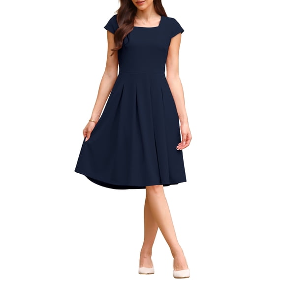 INSPIRE CHIC Women's Cap Sleeve Flare Dress Square Neck Business Work A Line Pleated Dresses S Navy Blue