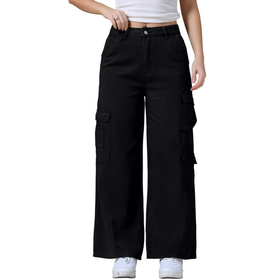 INSPIRE CHIC Women's Cargo Denim Pants Multi-Pocket Full Length Wide Leg Distressed Baggy Jeans M Black