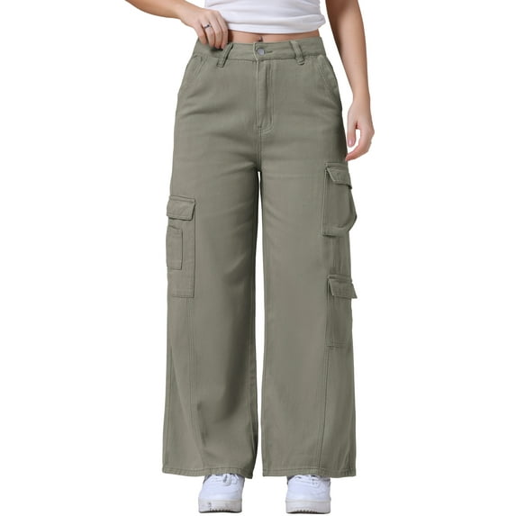 INSPIRE CHIC Women's Cargo Denim Pants Multi-Pocket Full Length Wide Leg Distressed Baggy Jeans S Green