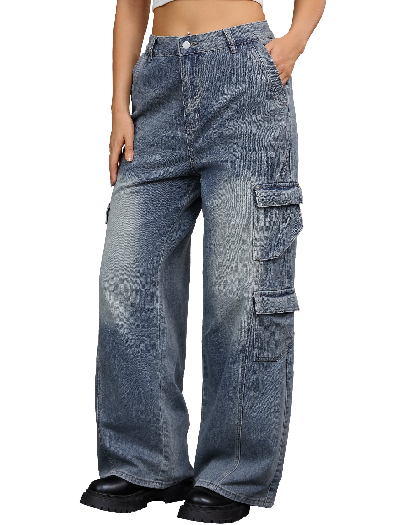 INSPIRE CHIC Women's Cargo Denim Pants MultiPocket Full Length Wide — free download