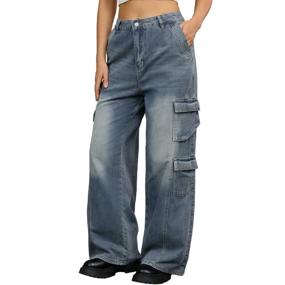 INSPIRE CHIC Women's Cargo Denim Pants Multi-Pocket Full Length Wide Leg Distressed Baggy Jeans XL Gray Blue