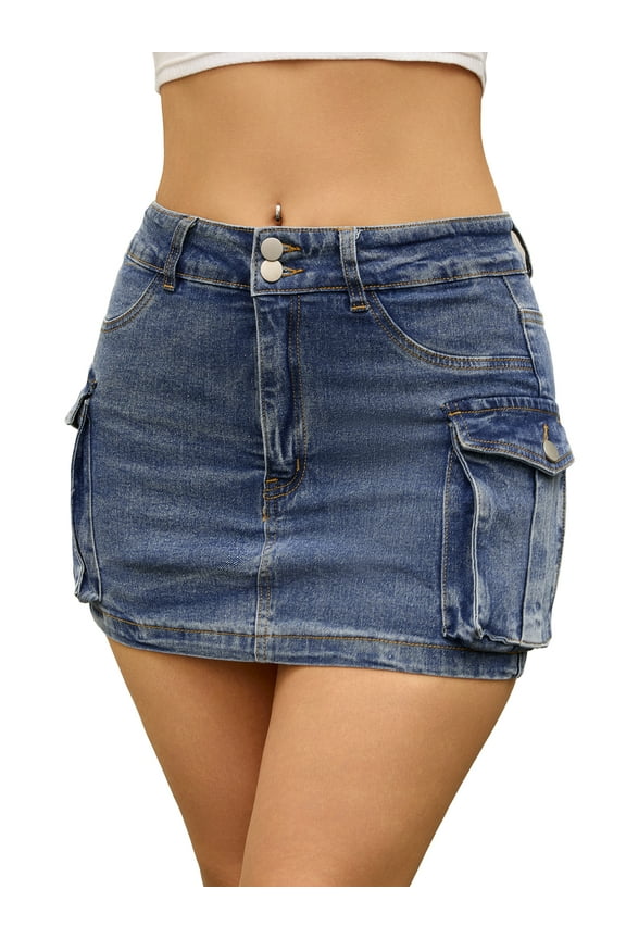 Women's Cargo Denim Stretch Y2K Flap Pockets Button Bodycon Mini Jean Skirt XL Blue