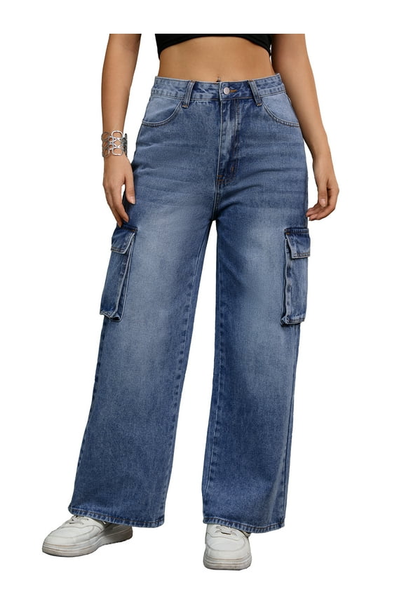 Women's Cargo Jean High Waisted Casual Baggy Wide Leg Denim Pants with Pockets L Blue