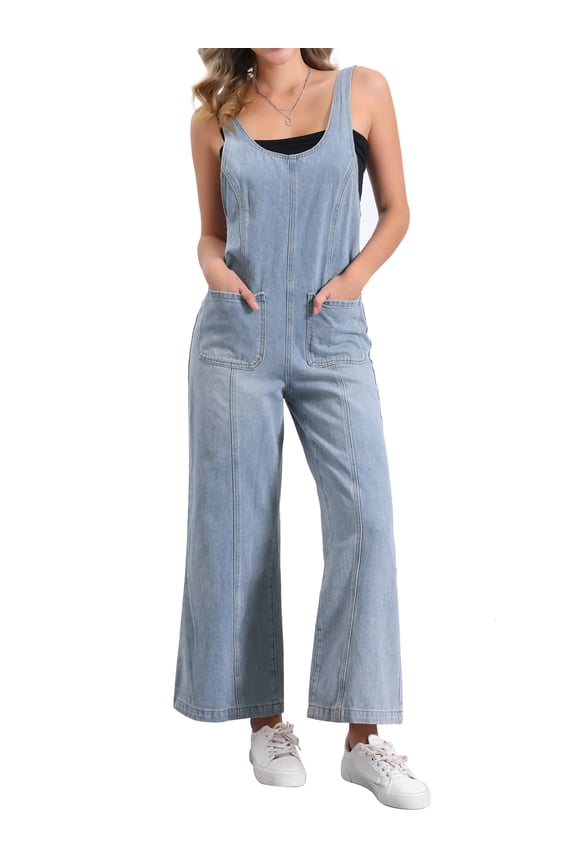 Women's Casual Denim Jumpsuit Adjustable Strap Wide Leg Pants Overalls S Light Blue