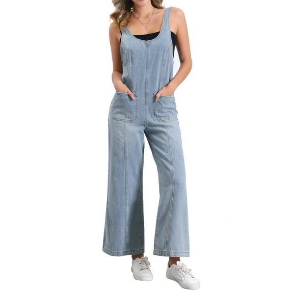 INSPIRE CHIC Women's Casual Denim Jumpsuit Adjustable Strap Wide Leg Pants Overalls XS Light Blue