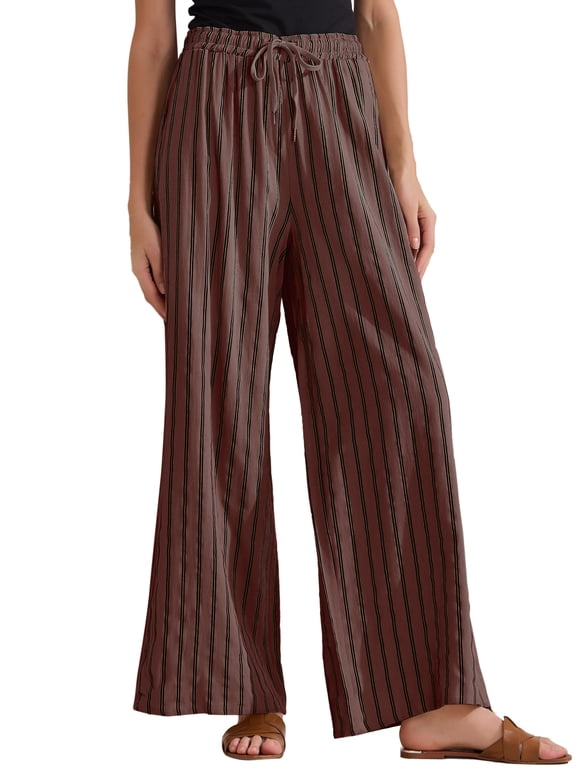 Women's Casual Drawstring Stripe Pants Wide Leg High Waist Cotton Loose Pants Brown XL
