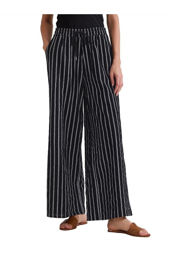 Women's Casual Drawstring Stripe Pants Wide Leg High Waist Cotton Loose Pants M Black