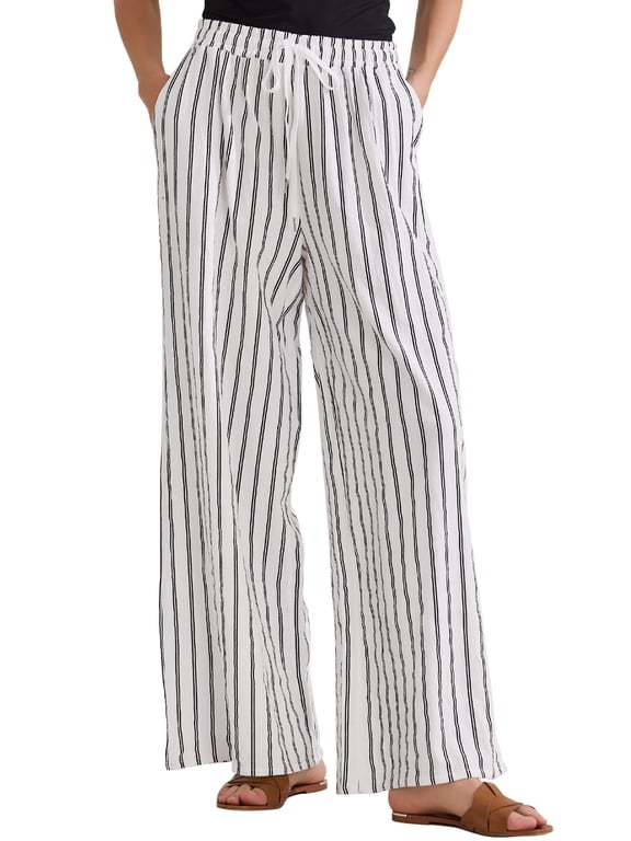 Women's Casual Drawstring Stripe Pants Wide Leg High Waist Cotton Loose Pants White M