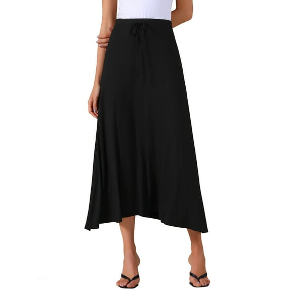 INSPIRE CHIC Women's Casual Elastic Waist Drawstring Stretchy Flare A-Line Long Skirt XL Black