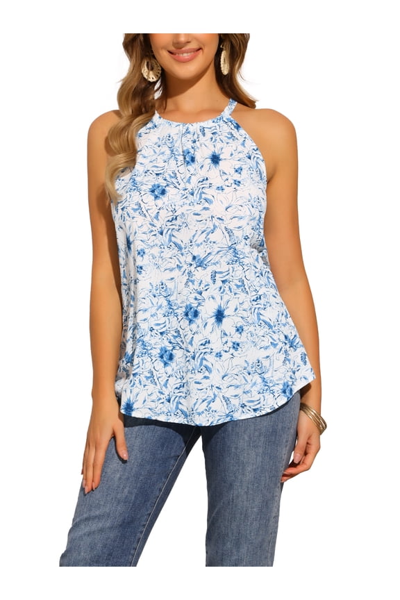 Women's Casual Elegant Halter Neck Blouse Floral Sleeveless Tie Back Tops XL Blue