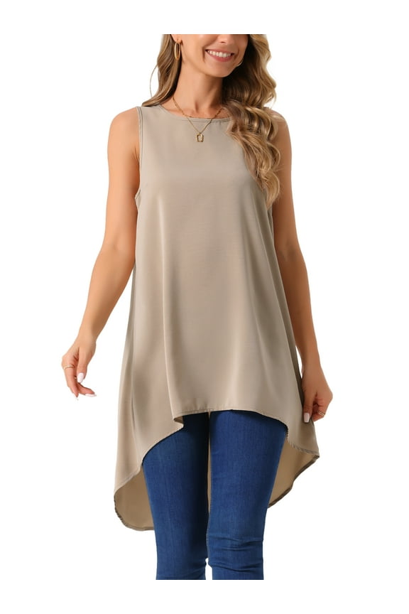 Women's High Low Tops Casual Sleeveless Blouse Crewneck Asymmetrical Loose Shirt Summer Top L Khaki