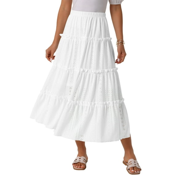 INSPIRE CHIC Women's Casual High Waist A Line Boho Midi Skirt Ruffle Long Summer Skirt S White