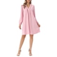thumbnail image 1 of INSPIRE CHIC Women's Casual Knee Length Dress Long Sleeve V Neck Pleated Flowy Loose Shirt Dress S Pink, 1 of 6
