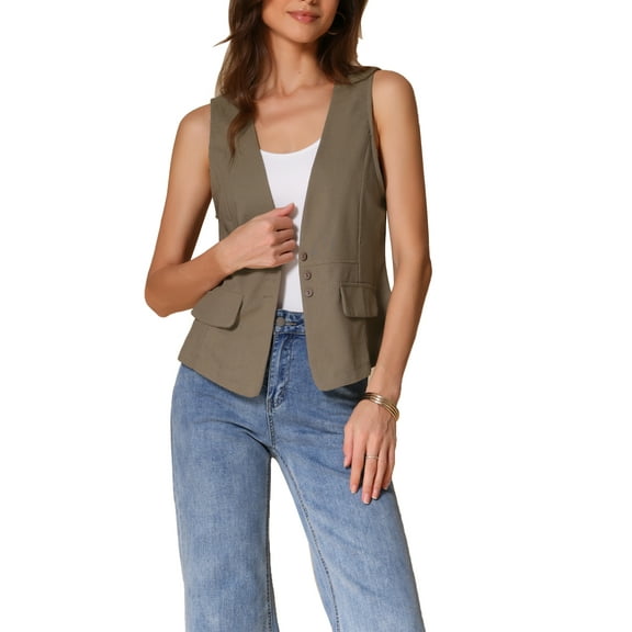 INSPIRE CHIC Women's Casual Linen V Neck Sleeveless Single Button Breasted Lightweight  Waistcoat L Khaki