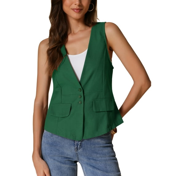 INSPIRE CHIC Women's Casual Linen V Neck Sleeveless Single Button Breasted Lightweight Waistcoat S Green