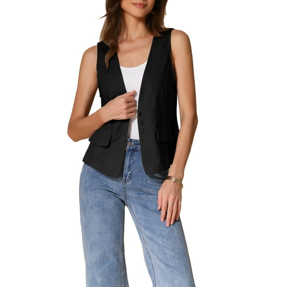 INSPIRE CHIC Women's Casual Linen V Neck Sleeveless Single Button Breasted Lightweight  Waistcoat XS Black