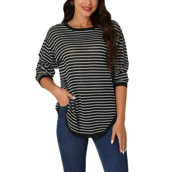 INSPIRE CHIC Women's Casual Long Sleeve Back Split Striped Curved Hem Knit Pullover Sweater M Black