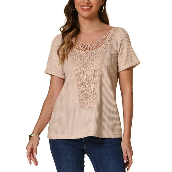 INSPIRE CHIC Women's Casual Round Neck Rolled Short Sleeve Hollow Out Summer Top XS Beige