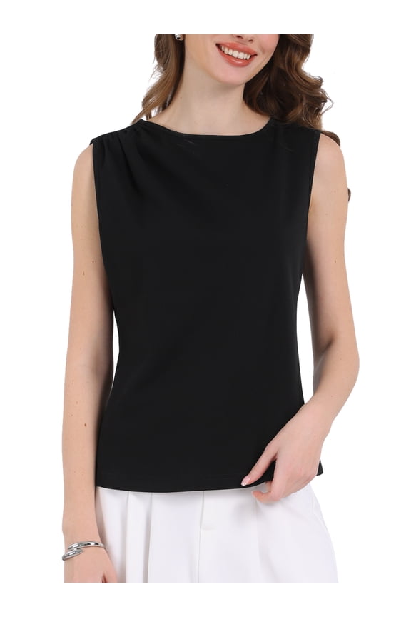 Women's Casual Sleeveless Round Neck with Ruched Shoulders Blouse 2XL Black