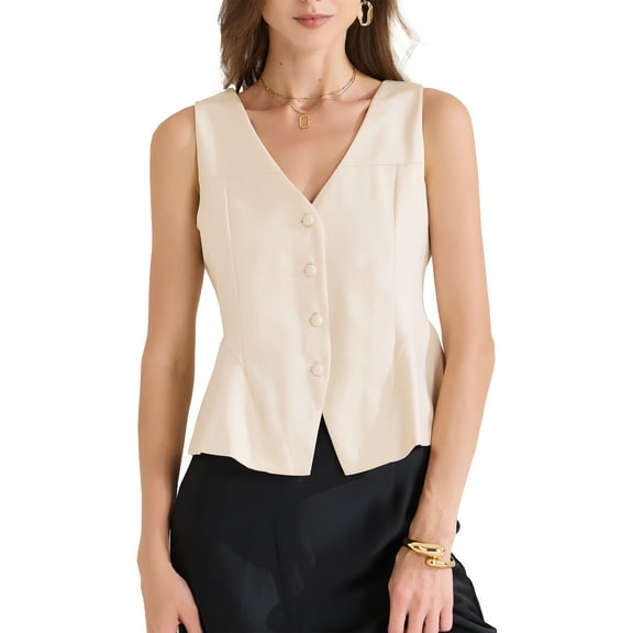 INSPIRE CHIC Women's Casual Sleeveless Vest Button Down Fully Lined Business Jacket Waistcoat L Beige