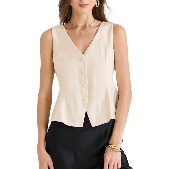 INSPIRE CHIC Women's Casual Sleeveless Vest Button Down Fully Lined Business Jacket Waistcoat M Beige