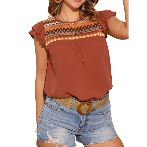 INSPIRE CHIC Women's Casual Summer Round Neck Ruffled Sleeve Boho Geometric Printed Blouse M Orange