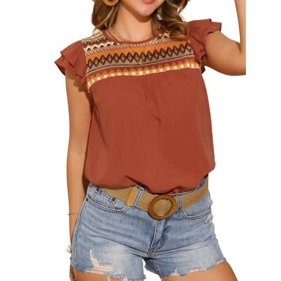 INSPIRE CHIC Women's Casual Summer Round Neck Ruffled Sleeve Boho Geometric Printed Blouse XS Orange