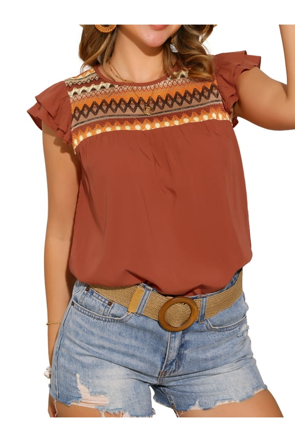 Women's Casual Summer Round Neck Ruffled Sleeve Boho Geometric Printed Blouse XS Orange