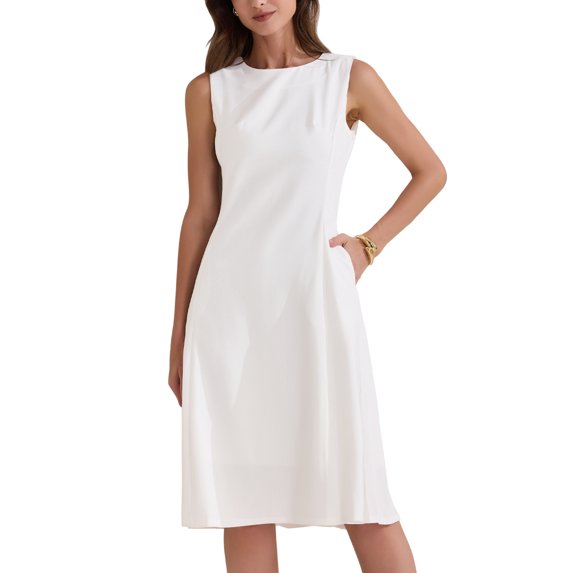 INSPIRE CHIC Women's Casual Summer Tank Dresses Crewneck Sleeveless A-Line Midi Dress with Pockets L White