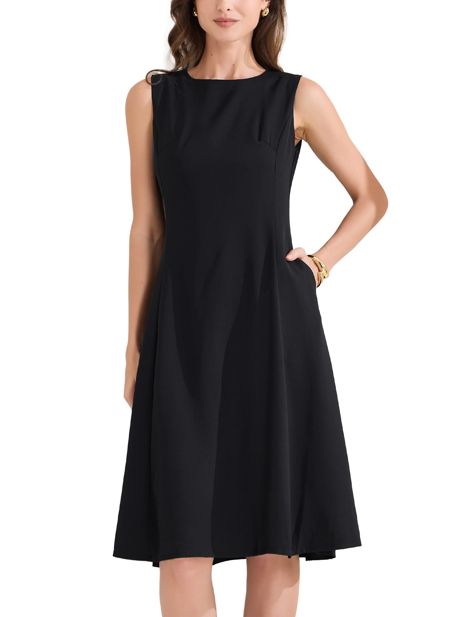 Collared Shirt London Times Petite Inspire Chic Women's Work Crew Neck  Sleeveless With Pockets A-Line Midi Tank Dress Black Small