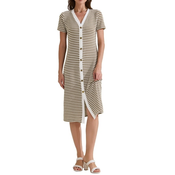 INSPIRE CHIC Women's Casual Summer V Neck Short Sleeve Striped Ribbed Knit Midi Dresses L Coffee
