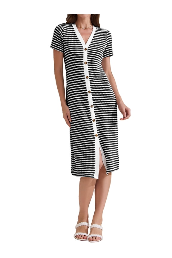 Women's Casual Summer V Neck Short Sleeve Striped Ribbed Knit Midi Dresses XS Black