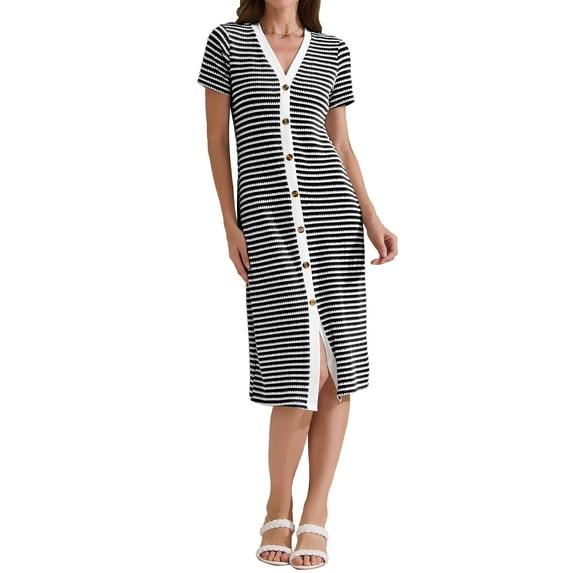 INSPIRE CHIC Women's Casual Summer V Neck Short Sleeve Striped Ribbed Knit Midi Dresses XS Black