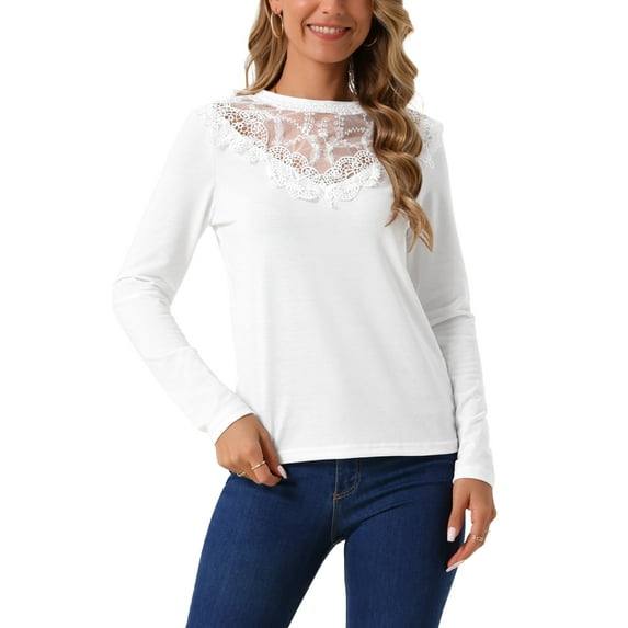 INSPIRE CHIC Women's Casual Tops Lace Round Neck Long Sleeve Blouse Solid T-shirt Spring Clothing Outfits S White