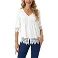 thumbnail image 1 of INSPIRE CHIC Women's Casual V Neck 3/4 Sleeve Hallow Out Solid Tunic Blouse S White, 1 of 6