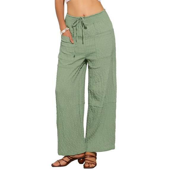 INSPIRE CHIC Women's Casual Wide Leg Pants Adjustable Tie Knot Elastic Waist Pants with Pockets L Green