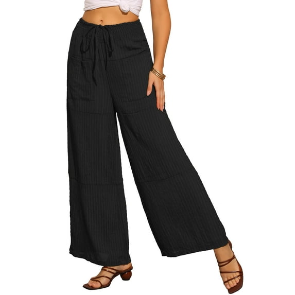 INSPIRE CHIC Women's Casual Wide Leg Pants Adjustable Tie Knot Elastic Waist Pants with Pockets M Black