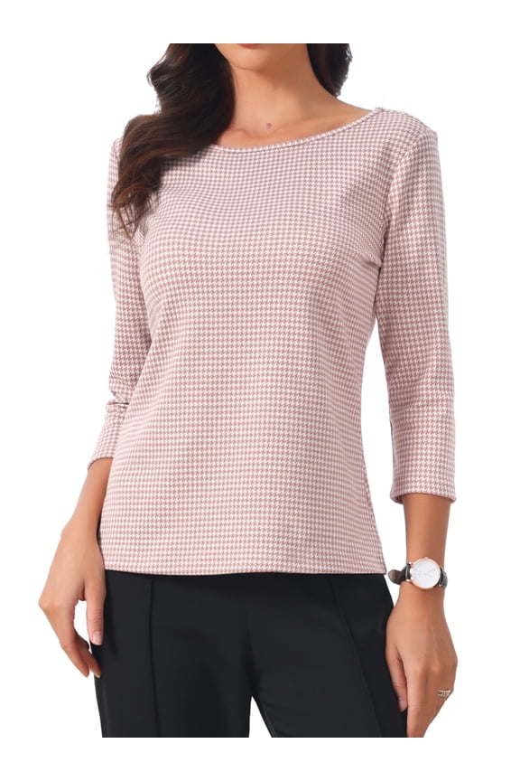 Women's Check Top Boat Neck 3/4 Sleeve Plaid Houndstooth Blouse XL Pink