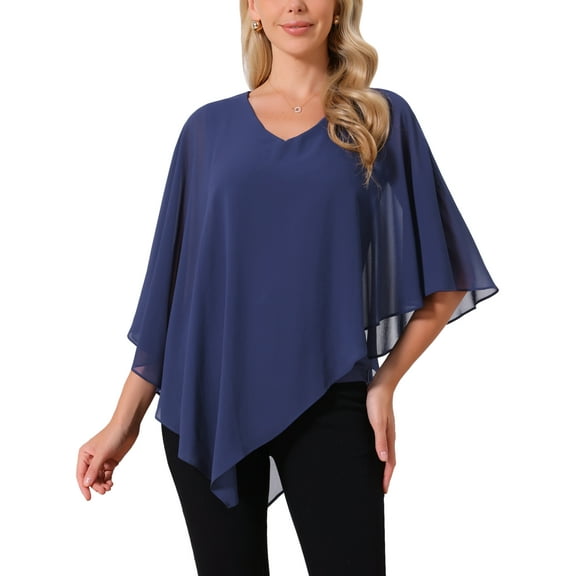 INSPIRE CHIC Women's Flowy Top V Neck Lightweight Chiffon Blouses Dressy Asymmetrical Shirt Double Layered Fall Top M Dark Blue