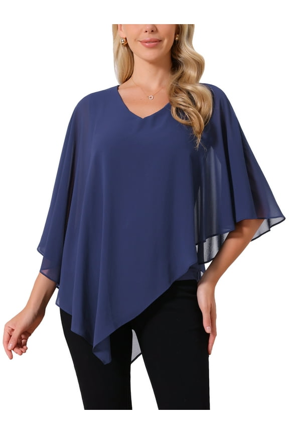 Women's Flowy Top V Neck Lightweight Chiffon Blouses Dressy Asymmetrical Shirt Double Layered Fall Top M Dark Blue