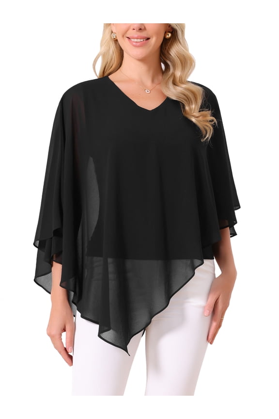 Women's Flowy Top V Neck Lightweight Chiffon Blouses Dressy Asymmetrical Shirt Double Layered Fall Top S Black