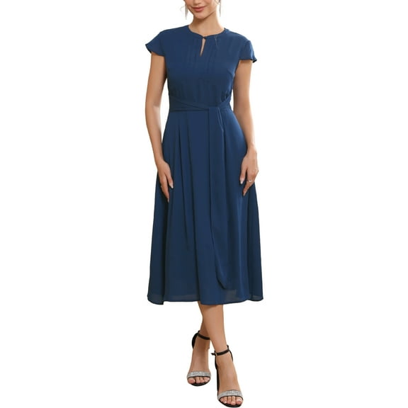 INSPIRE CHIC Women's Chiffon Cocktail Dress Cap Sleeve Tie Waist Formal Wedding Guest Dresses XL Dark Blue