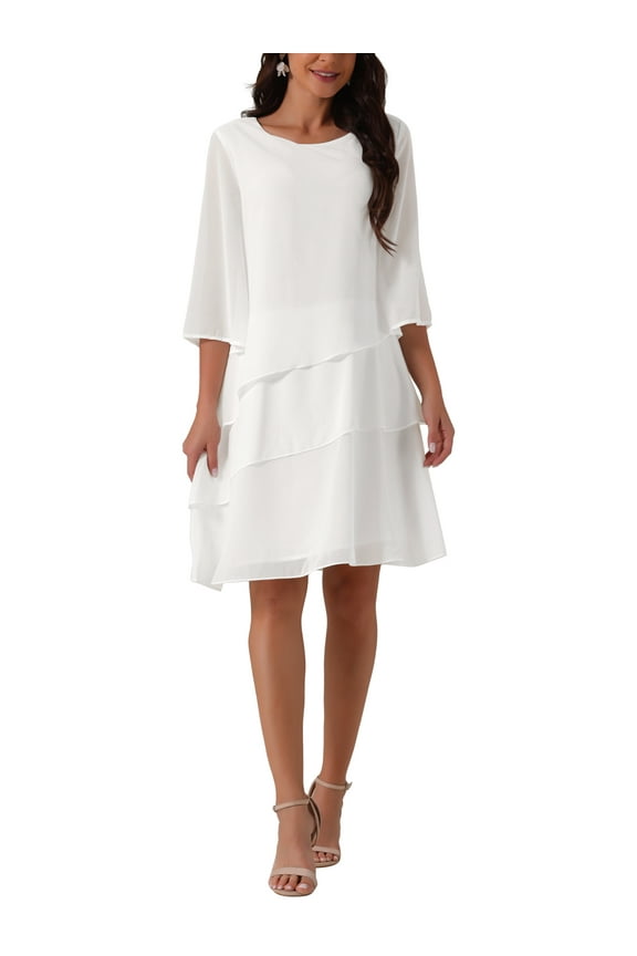 Women's Chiffon Dress Ruffle Tiered Flowy 3/4 Sleeve A-Line Knee Length Dress S White