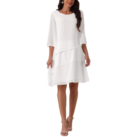 INSPIRE CHIC Women's Chiffon Dress Ruffle Tiered Flowy 3/4 Sleeve A-Line Knee Length Dress White S