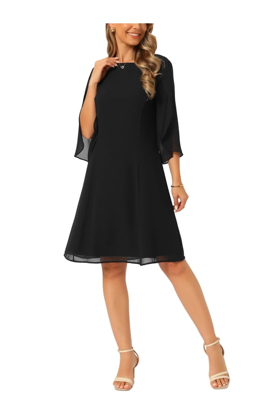 Women's Chiffon Dresses Flutter 3/4 Sleeve Crewneck Flowy Knee Length Dress Cocktail Party Wedding Outfits L Black