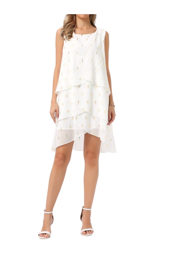 Women's Chiffon Dresses Sleeveless Crewneck Metallic Foil Print Tiered Layered Flowy Dress Party Wedding Outfits S White