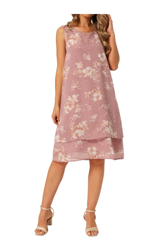 Women's Chiffon Dresses Sleeveless Floral Print Crewneck Tiered Layered Flowy Dress Party Wedding Outfits S Dusty Pink